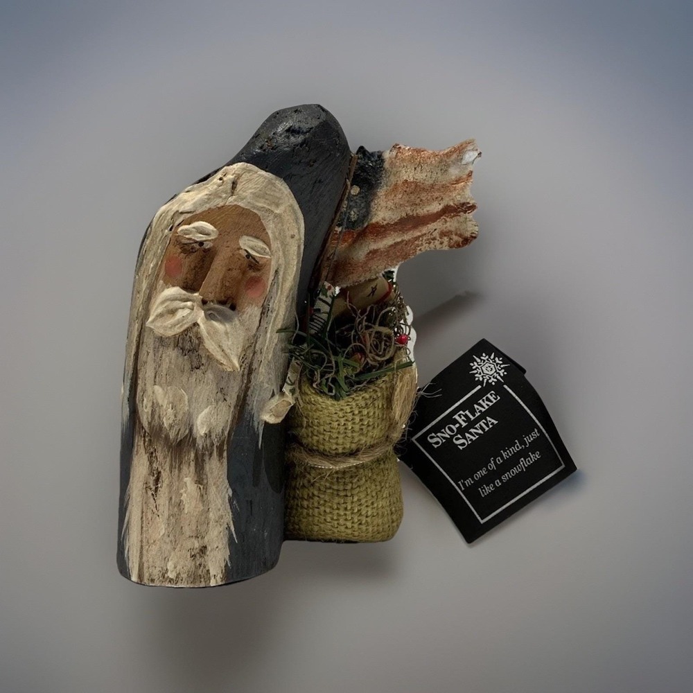 VTG Sno-Flake Hand Carved Wood Santa by Classic Designs Showcase American Flag